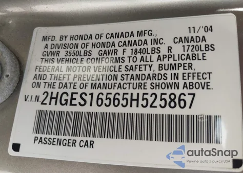2005 Honda Civic Lx from USA, damaged, VIN 2HGES16565H525867
